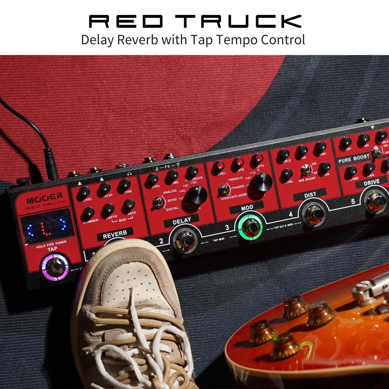 MOOER Red Truck Guitar Multi Effects Guitar FX Loop with Analogue Boost, Overdrive, Distortion Effects and Digital Ambiance Tone